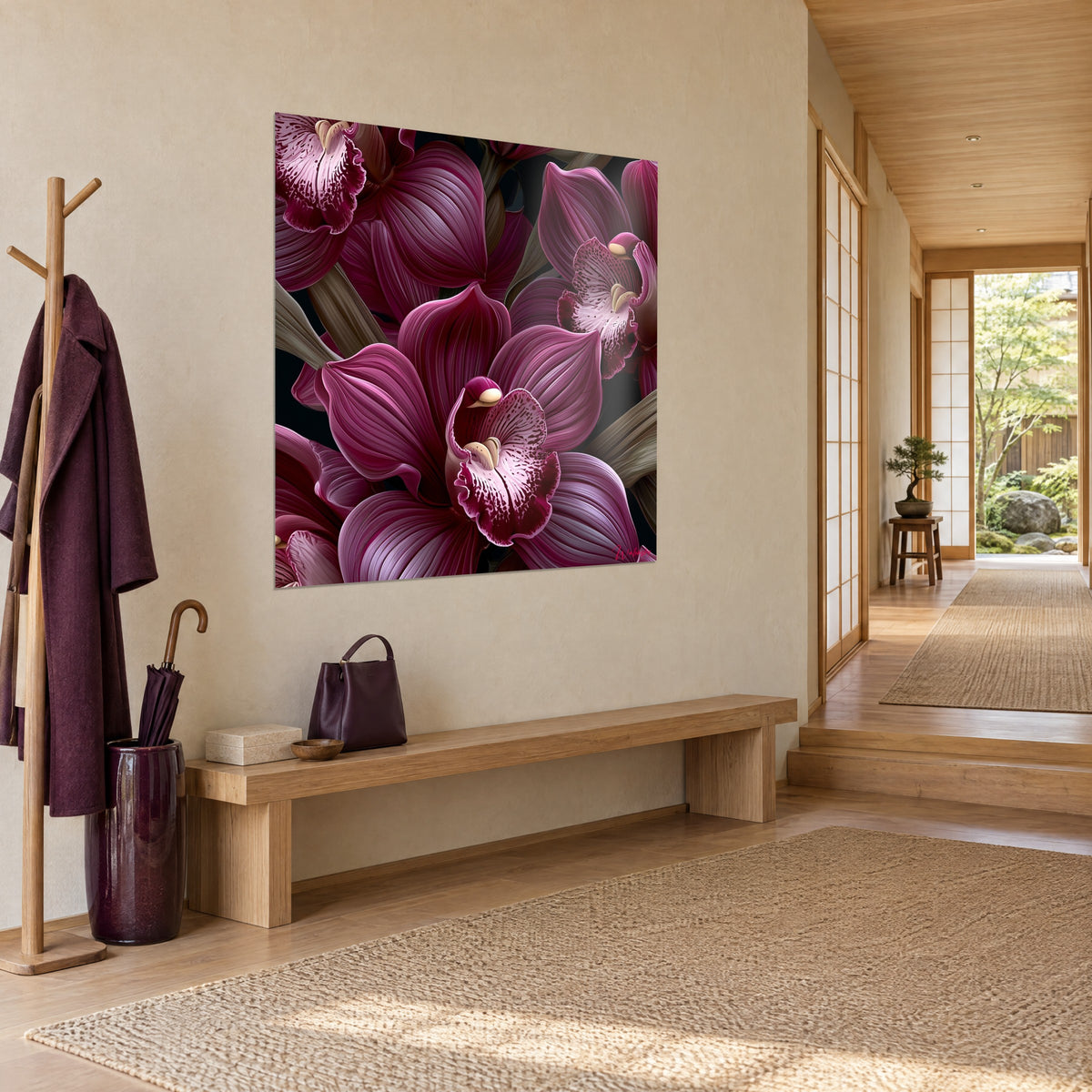 Quadro di fiori d'orchidea bordeaux e malva su sfondo scuro, vista a tre quarti, corridoio chiaro con pavimento in legno biondo