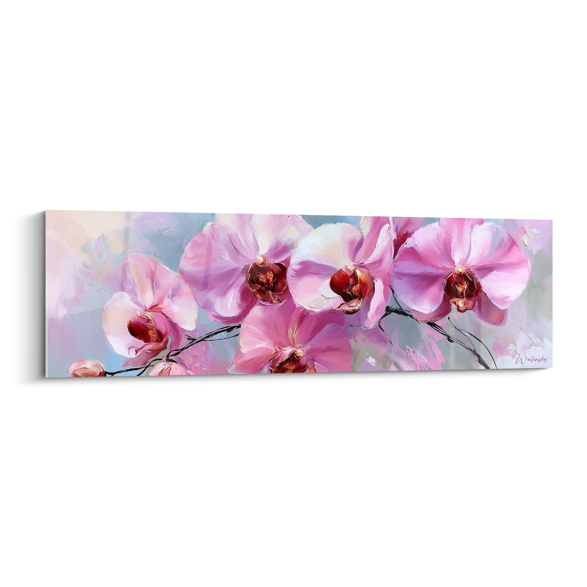 Orchidées roses et bordeaux peintes en larges touches sur fond bleu gris pastel