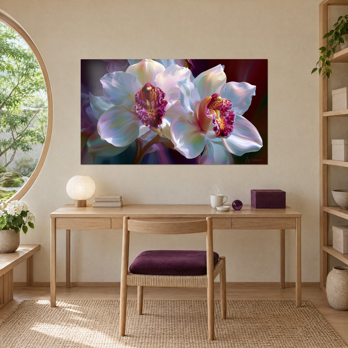 Quadro orchidee opaline dalle gole porpora su sfondo bordeaux, lampada rotonda color crema, scrivania in legno chiaro e sedia con cuscino prugna