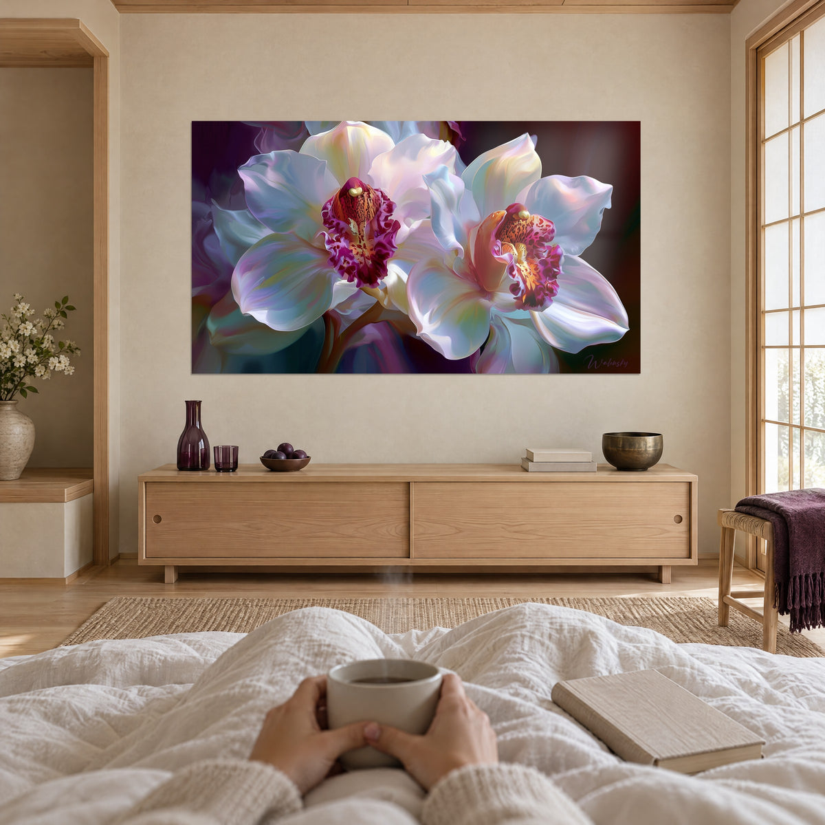 Quadro corolle di cymbidium bianco rosato con cuori lampone, due persone di spalle, tazza fumante, sopra un letto in una camera luminosa