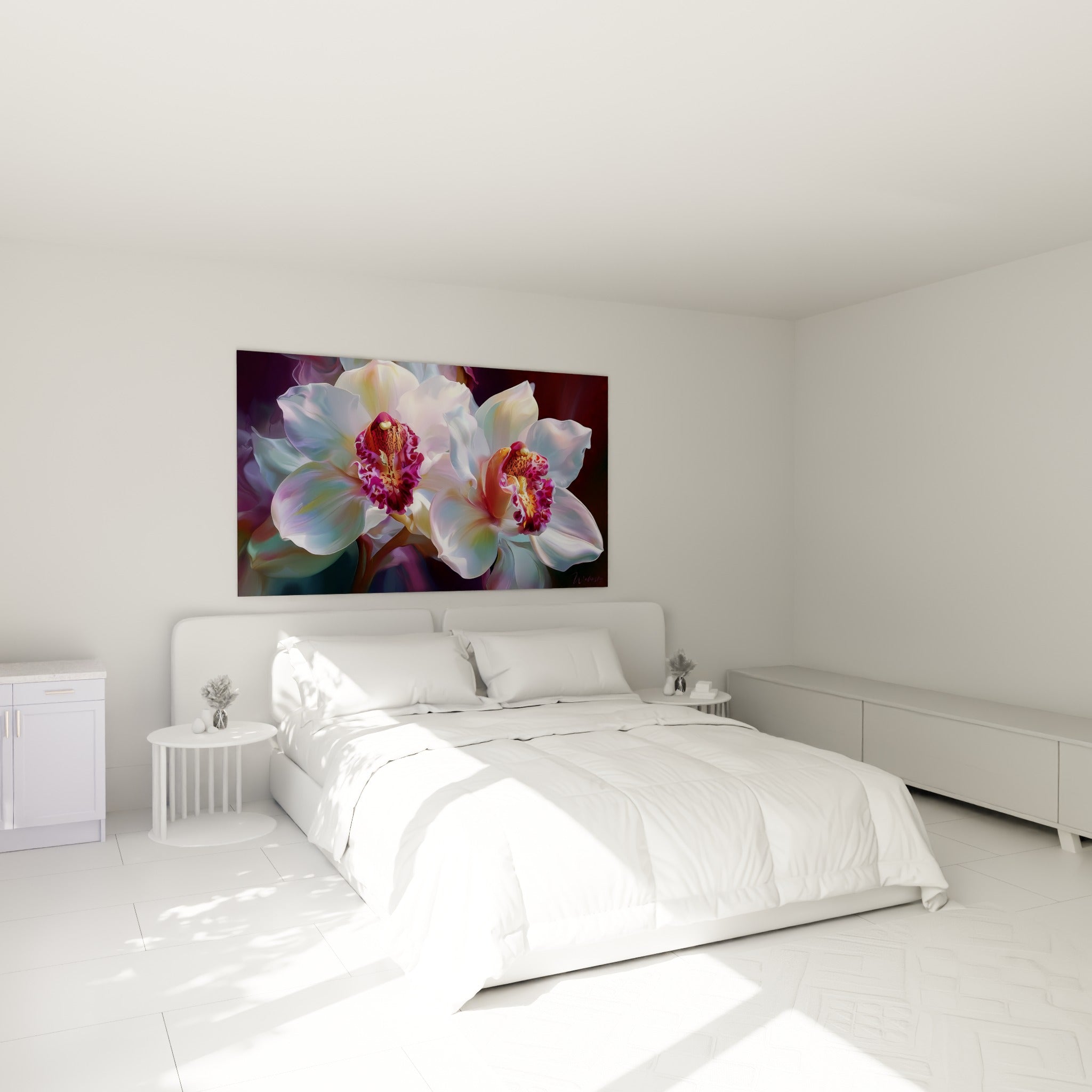Fleurs d'orchidée blanches et pourpres, pétales soyeux, au-dessus d'un lit dans une chambre claire