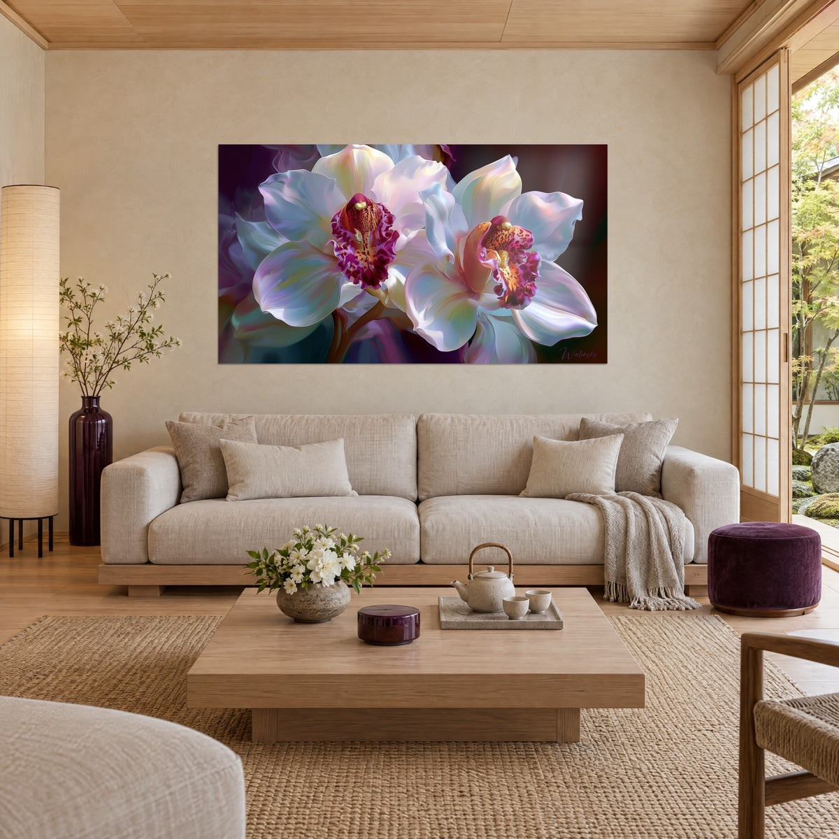 Quadro orchidee madreperlacee dalle gole magenta, petali avorio e lilla su sfondo prugna, sopra un divano in un soggiorno luminoso
