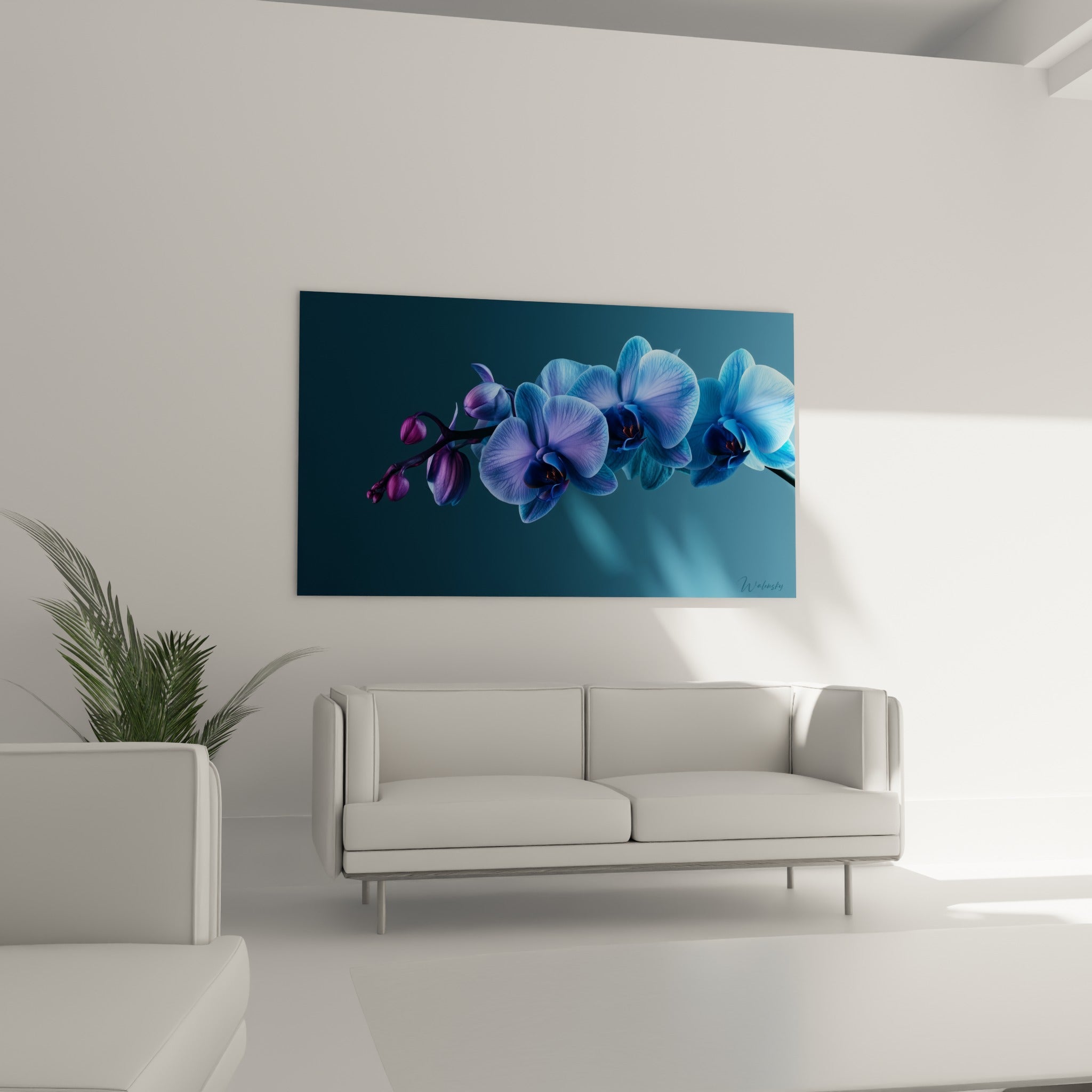 Fleurs d'orchidée bleu et violet aux cœurs cuivrés au-dessus d'un canapé dans un salon lumineux