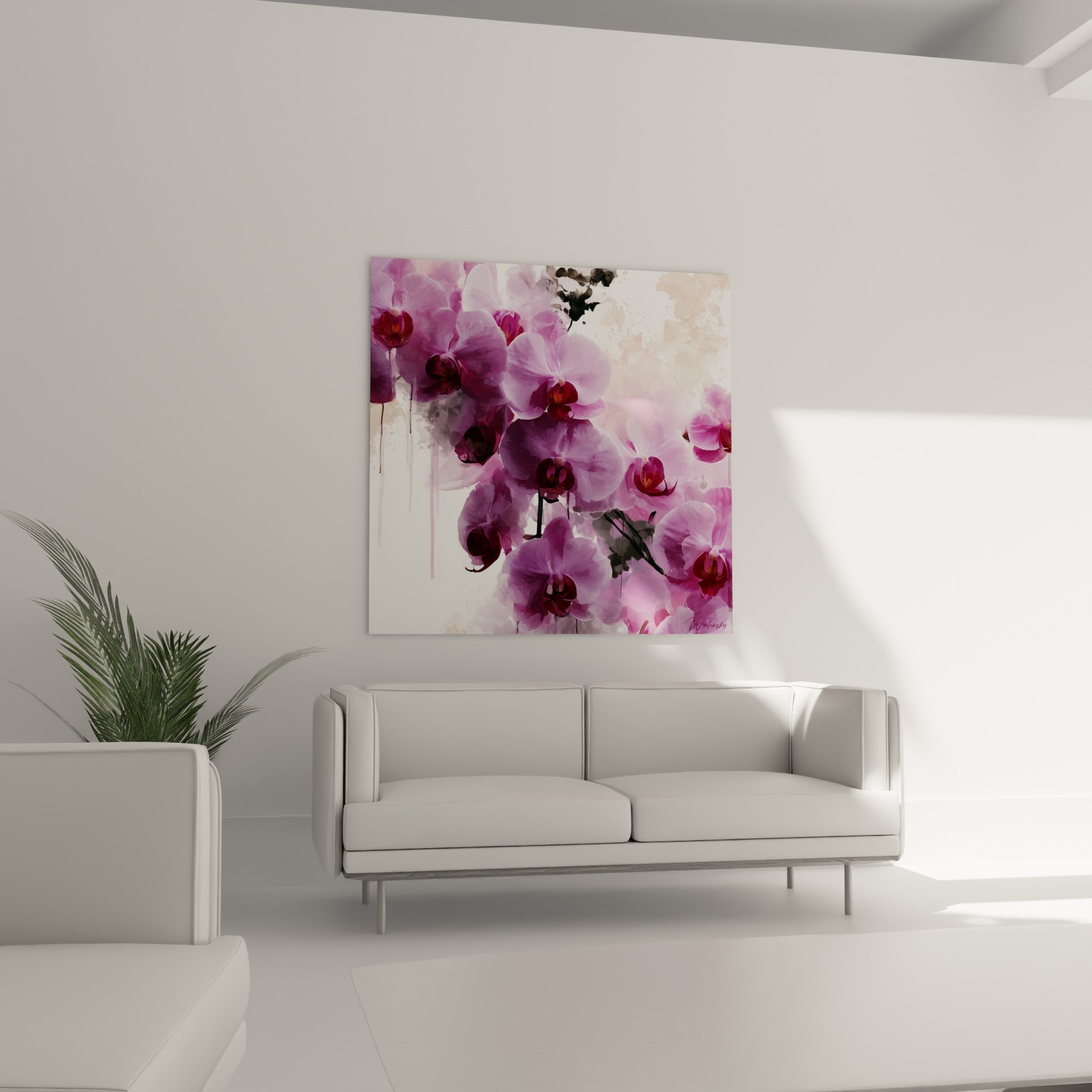 Fleurs d'orchidée mauve et pourpre en aquarelle, au-dessus d'un canapé dans un salon lumineux
