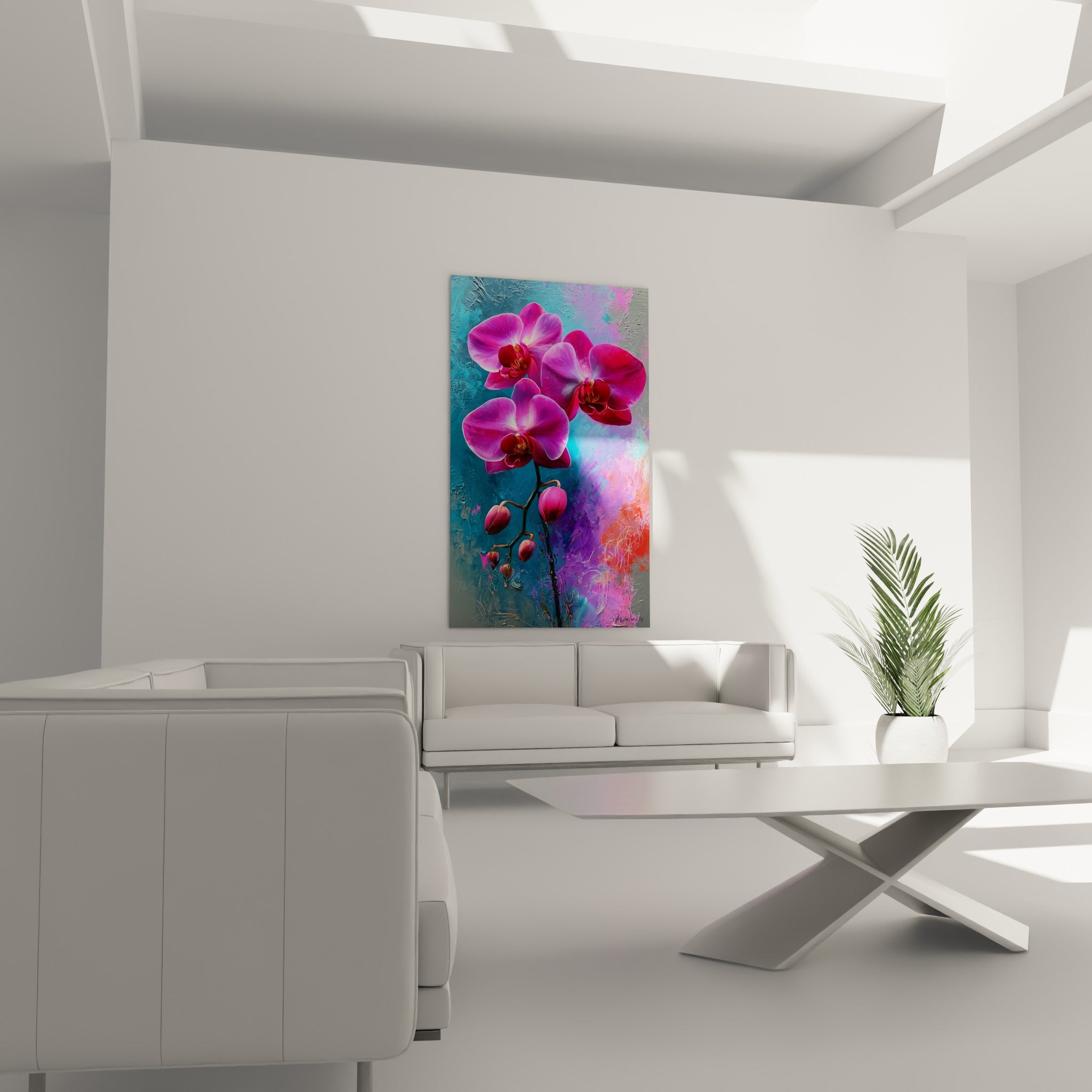 Pétales d'orchidée fuchsia et corail suspendus au-dessus d'un canapé dans un salon lumineux