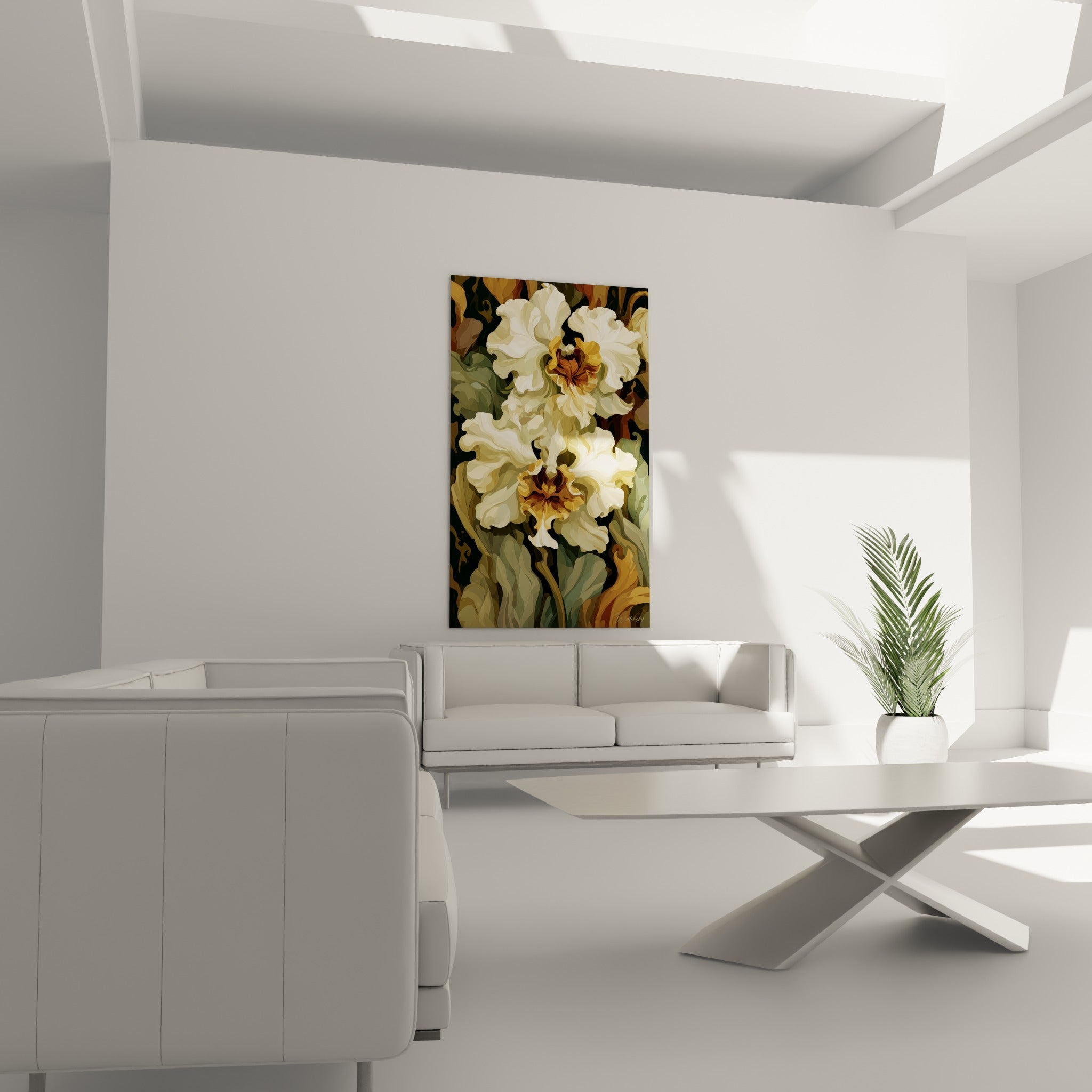 Orchidées crème et vertes aux courbes fluides, au-dessus d'un canapé dans un salon lumineux