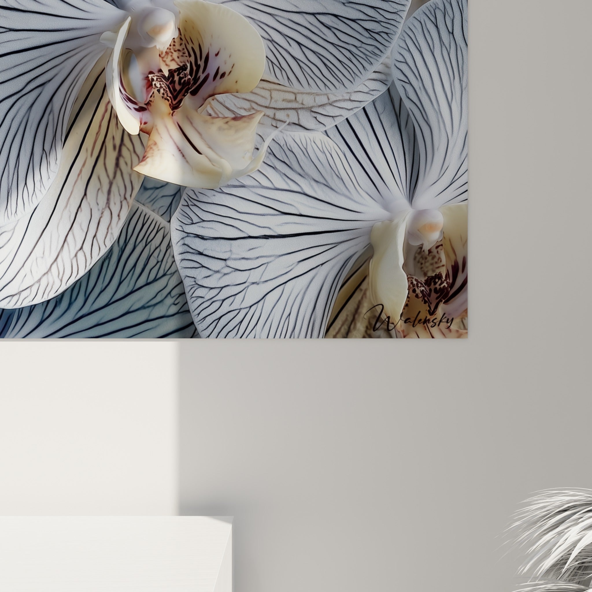 Grain de l'impression révélant les nervures fines et les tons crème du cœur d'orchidée blanc