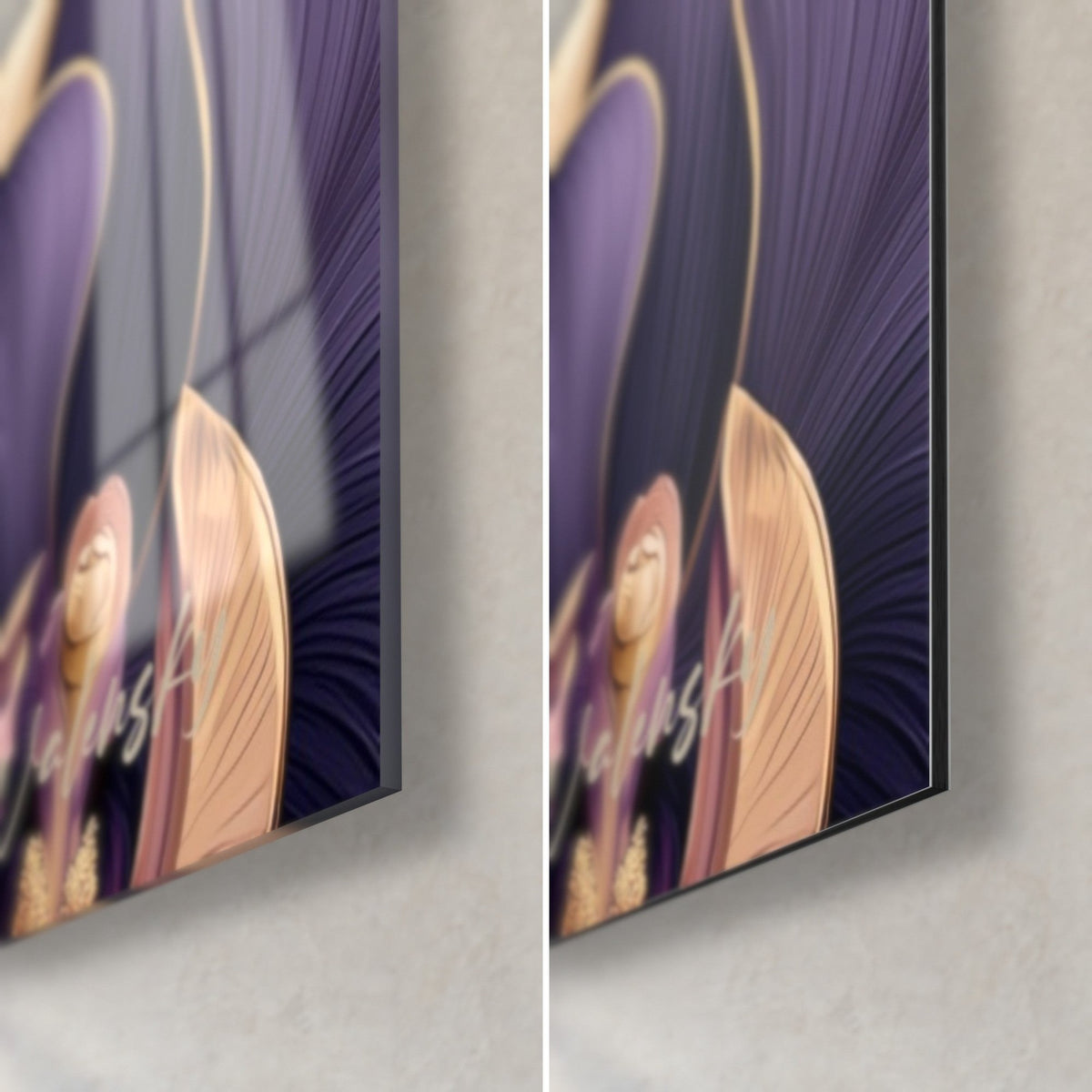 Quadro Fiori di orchidea malva, dettaglio in basso a destra: vetro lucido con riflessi a sinistra, alluminio Dibond opaco a destra, bordo da 3 mm