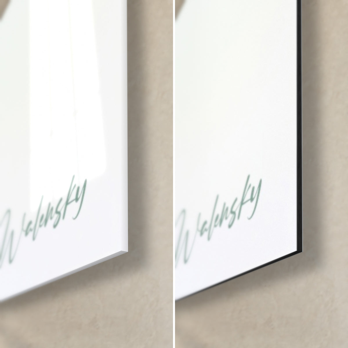 Quadro mazzo di orchidee rosa e bianche, firma verde Walensky, angolo in basso a destra: vetro lucido a sinistra, Dibond opaco a destra