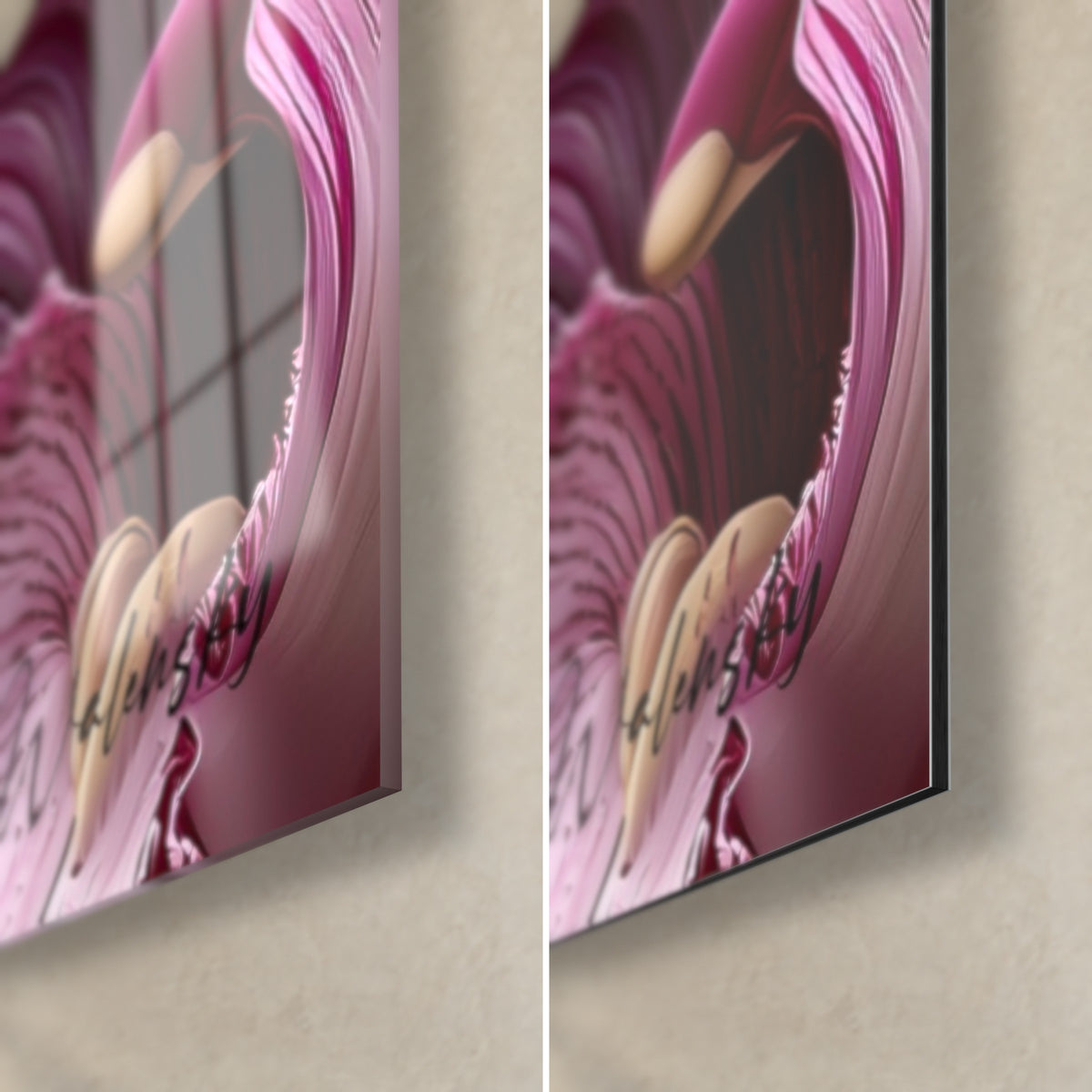 Gemälde Pflaumenfarbene Orchidee mit rosa geäderten Blütenblättern, untere rechte Ecke: glänzendes Acrylglas mit Spiegelung, mattes Alu-Dibond, 3 mm Kante