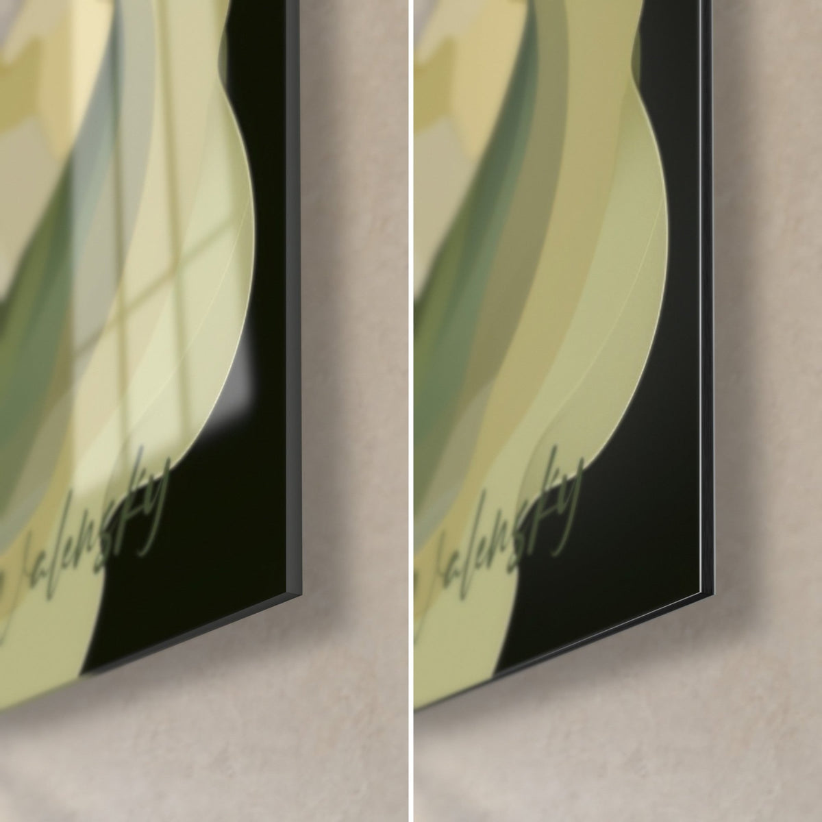 Gemälde Orchideen in Elfenbein, untere rechte Ecke: glänzendes Acrylglas links, mattes Dibond rechts, Salbeigrün, Schwarz, 3 mm Kante