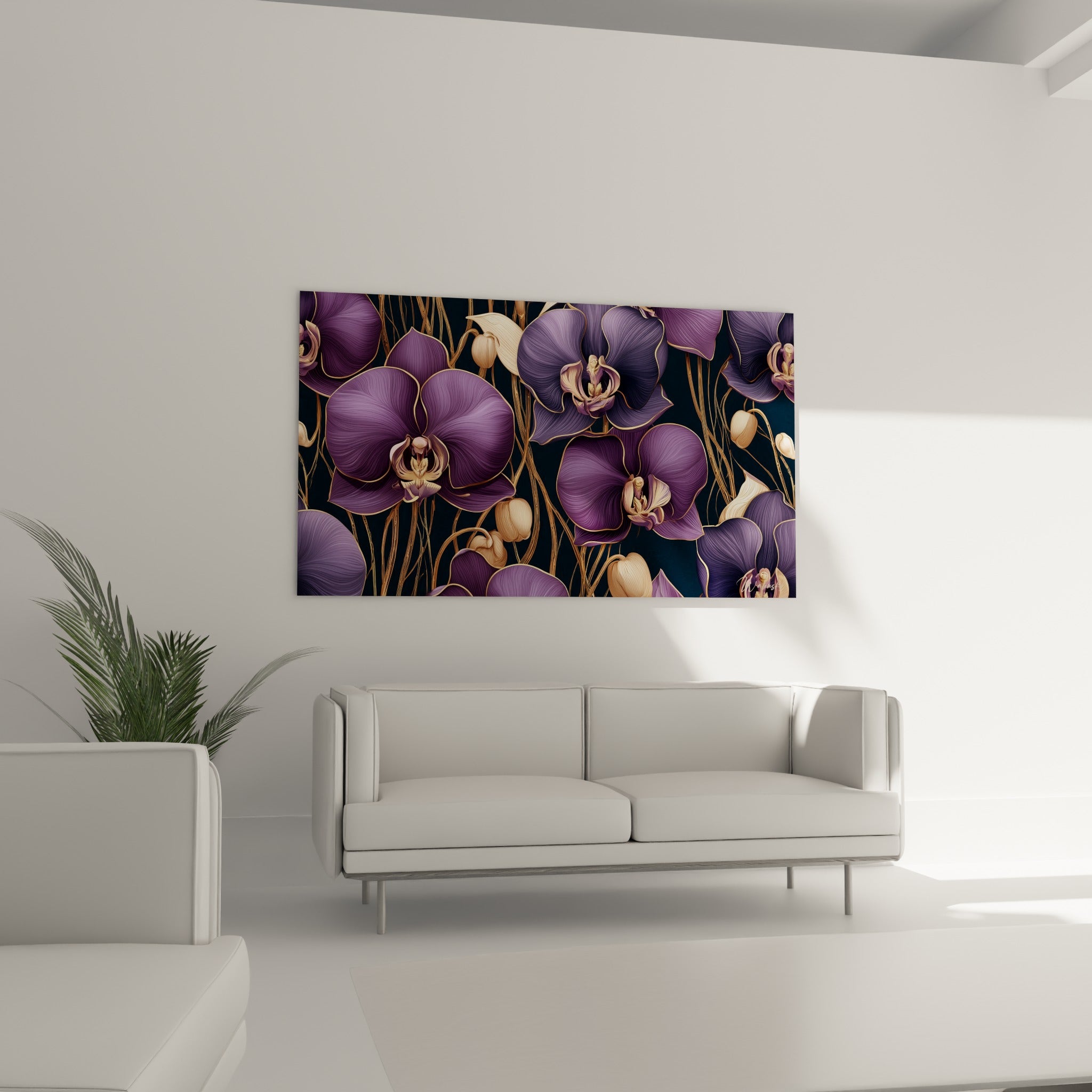 Pétales d'orchidée mauve et anthracite déployés au-dessus d'un canapé dans un salon lumineux