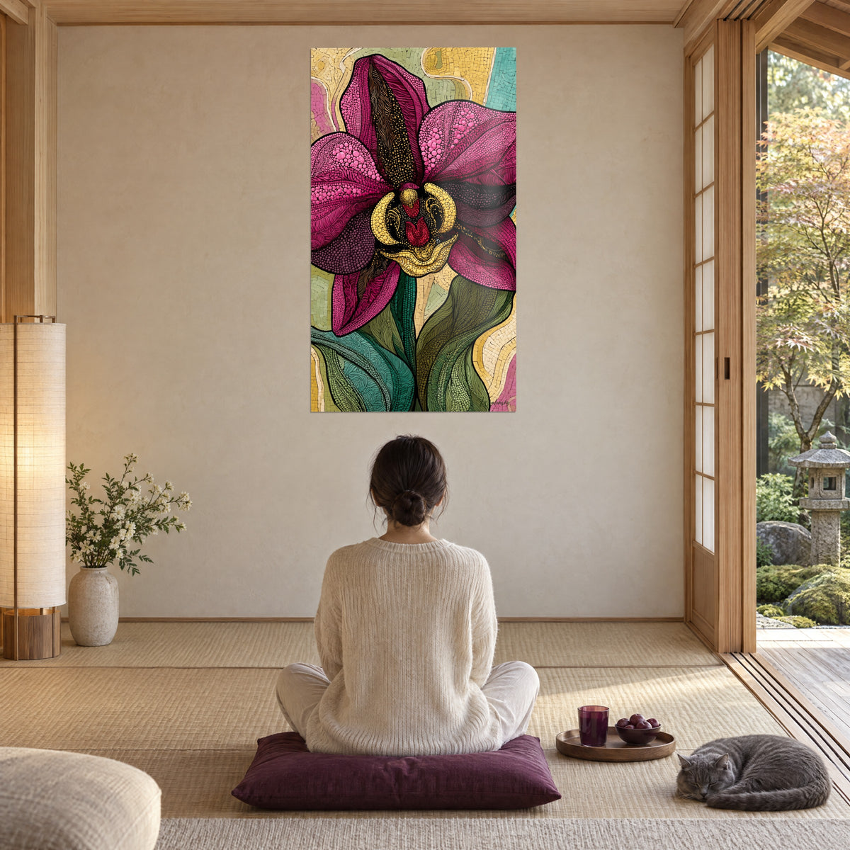 Gemälde Orchidee in Pflaumen- und Goldtönen auf pastellfarbenem Mosaik, Frau von hinten im Schneidersitz auf einem auberginefarbenen Kissen meditierend, schlafende graue Katze