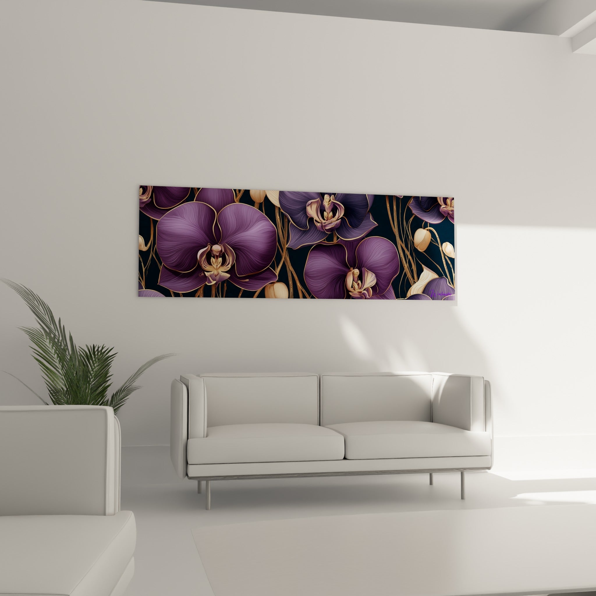 Pétales violets et cœurs beiges d'orchidée accrochés au-dessus d'un canapé dans un salon lumineux