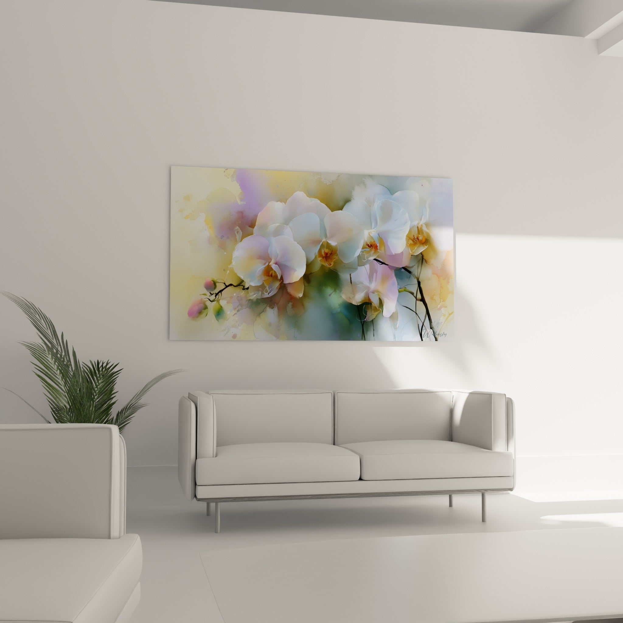 Grappe d'orchidées blanches et bleutées, cœurs jaune orangé, au-dessus d'un canapé dans un salon lumineux