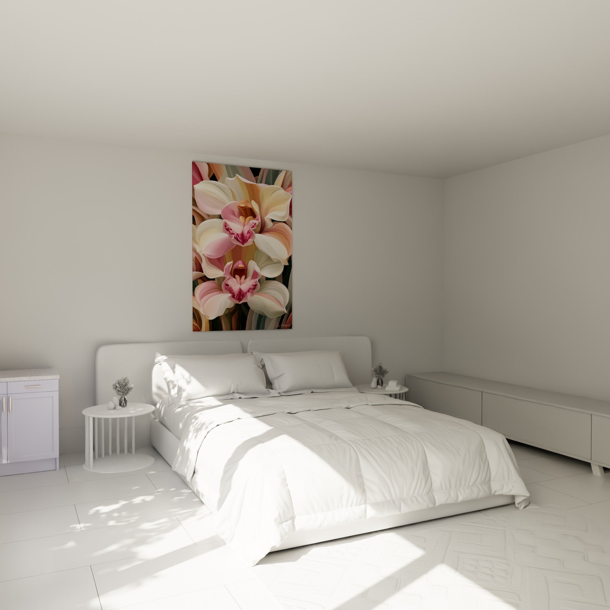 Deux fleurs d'orchidée rose et ivoire au cœur pourpre, accrochées au-dessus d'un lit dans une chambre claire