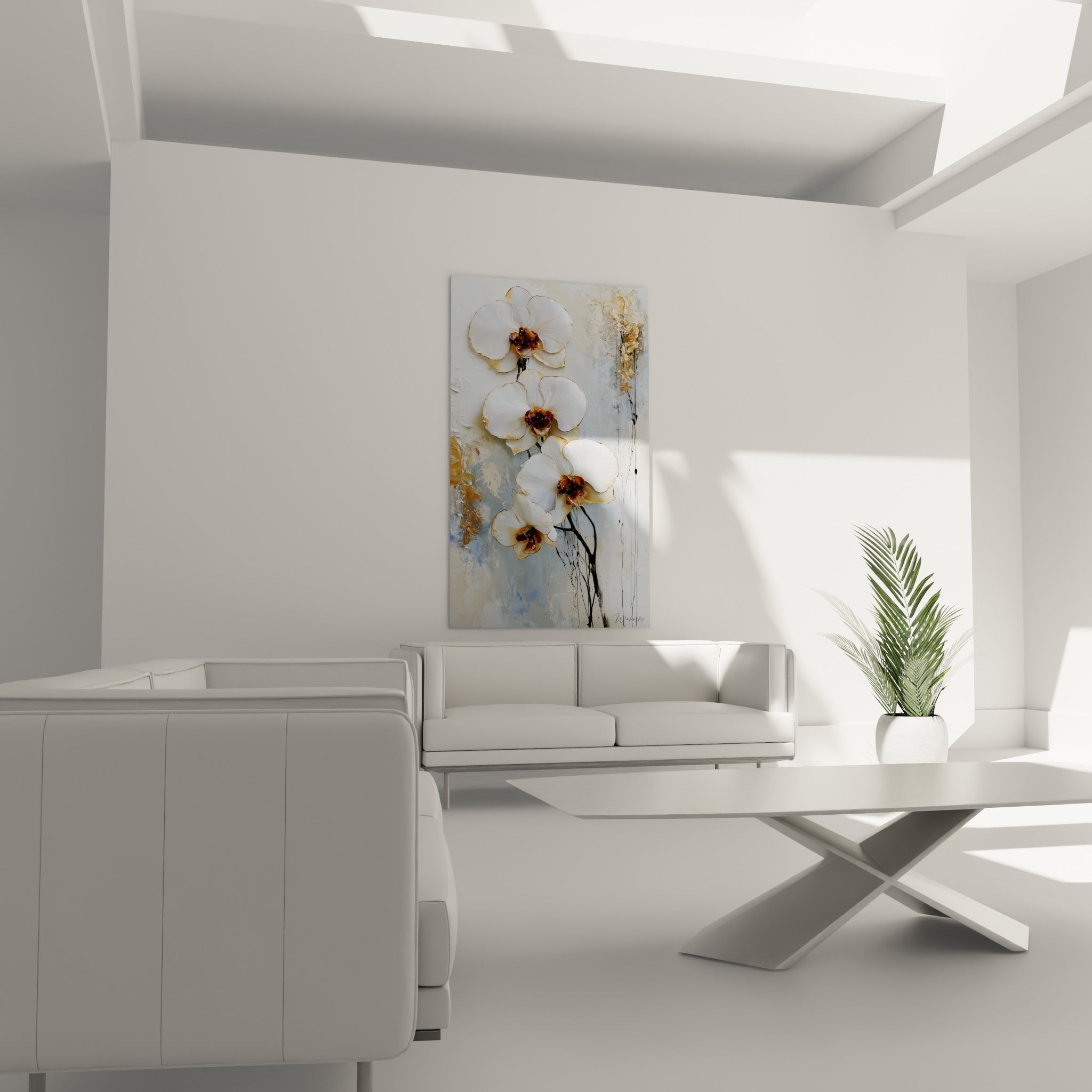 Quatre orchidées blanches à cœurs pourpres suspendues au-dessus d'un canapé dans un salon lumineux