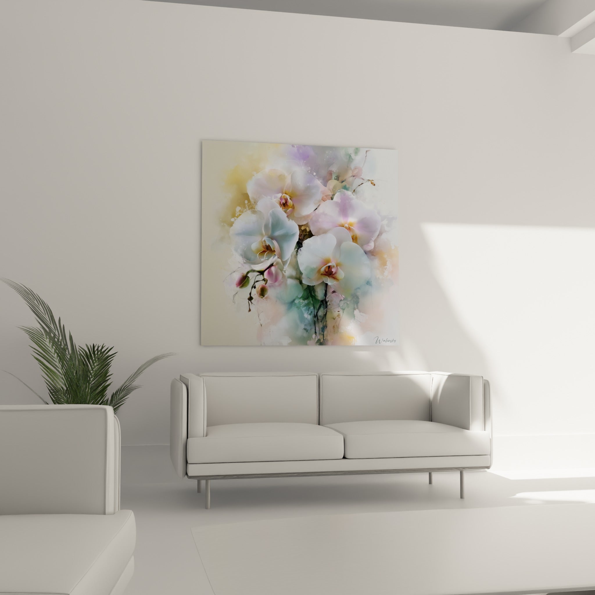 Fleurs d'orchidée blanche et jaune doré, style aquarelle, au-dessus d'un canapé dans un salon lumineux