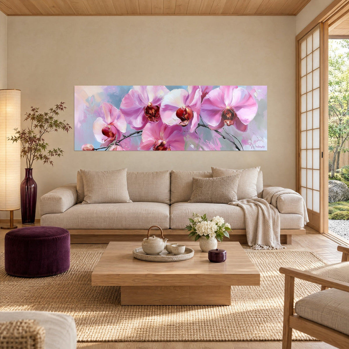 Wall art of pink orchids with burgundy hearts, thick palette-knife strokes on a pearl grey background, above a sofa in a bright living room