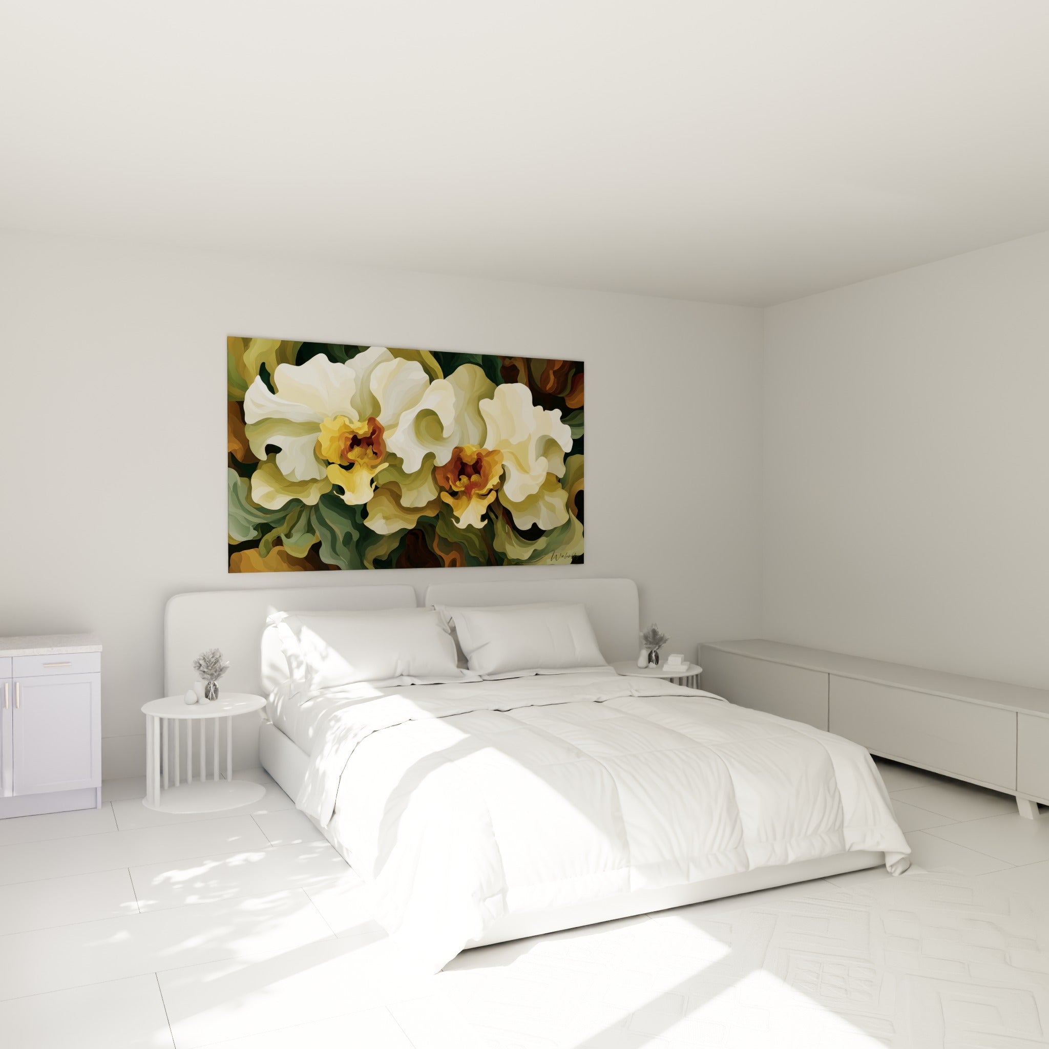 Deux fleurs d'orchidée blanches et ambrées au-dessus d'un lit dans une chambre claire