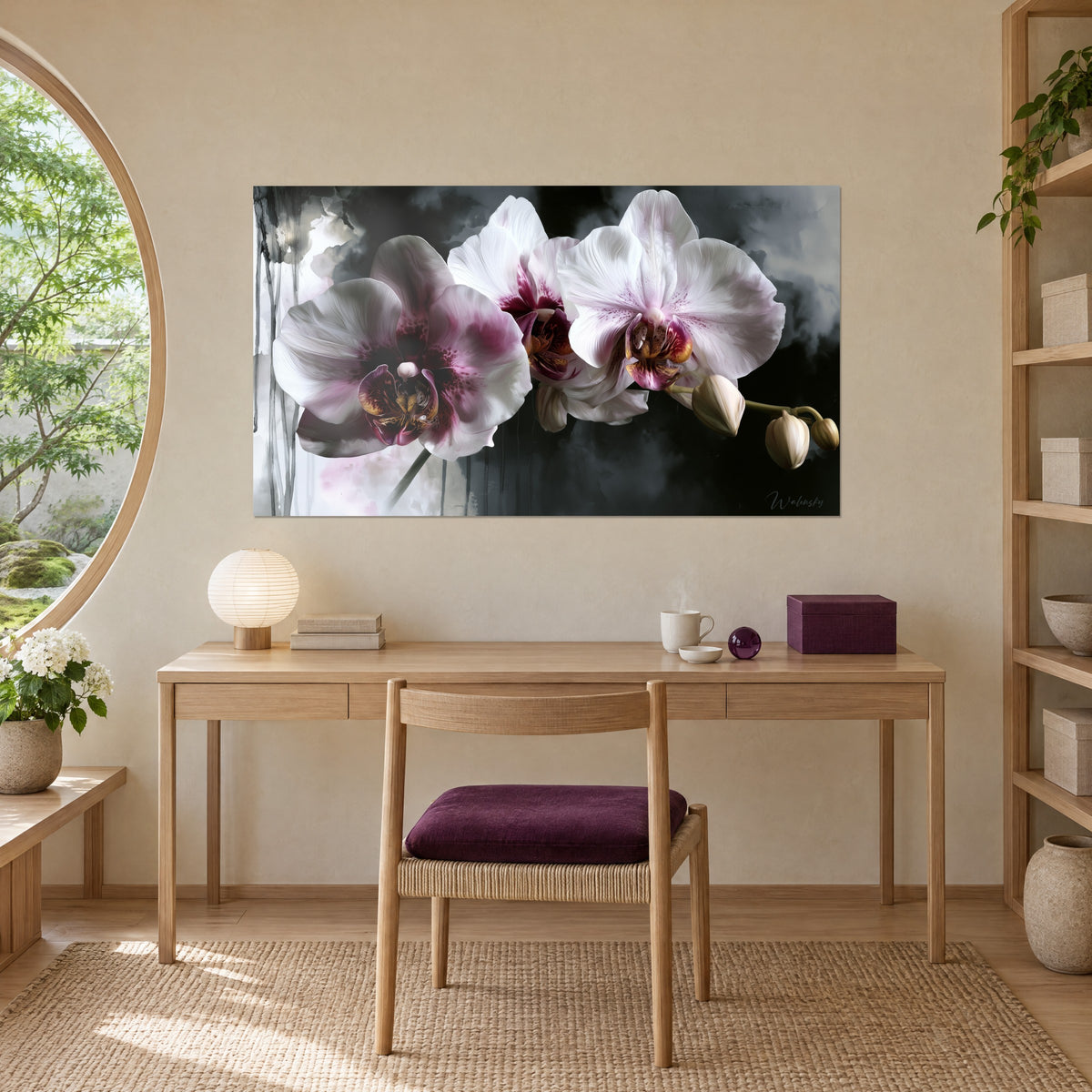 Cuadro ramo de orquídeas blancas de garganta magenta, nieblas de acuarela negra, sobre un escritorio claro y una lámpara redonda