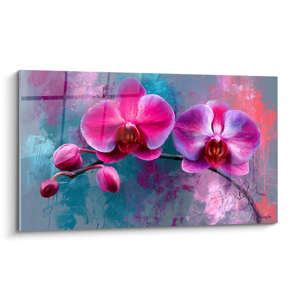 Tableau Orchidées fuchsia et violettes sur fond turquoise éclaboussé - Boutons fermés jumeaux - Edition Orchidée