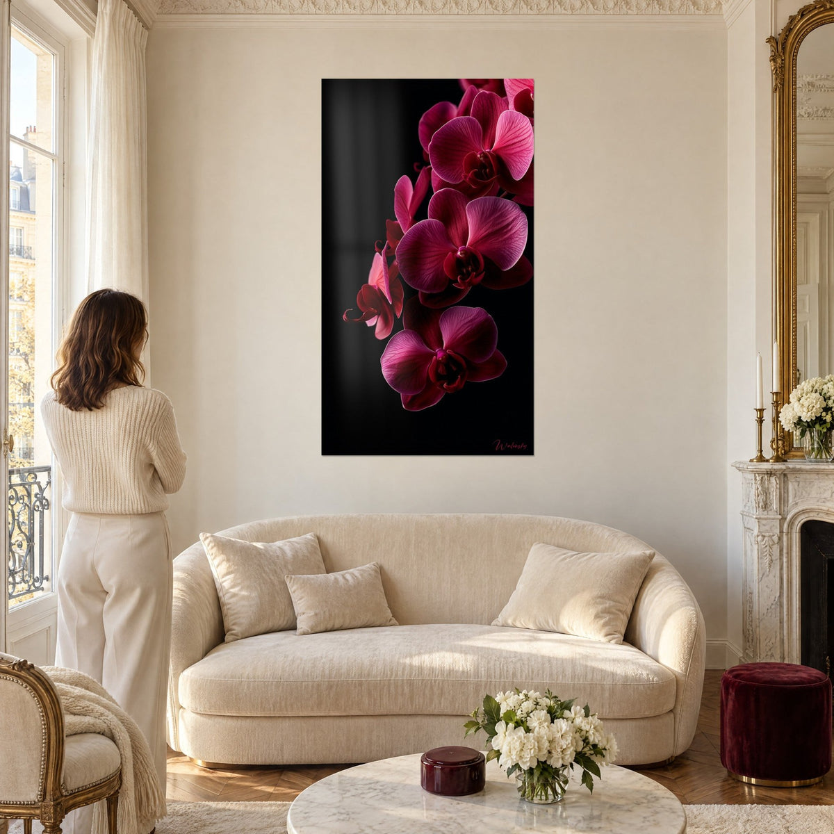 Wall art purple orchids on black background, vivid pink veined petals, woman seen from behind above a sofa in a bright living room