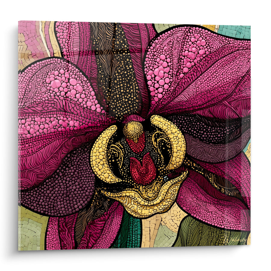 Tableau Orchidée fuchsia et dorée aux motifs pointillés - Vertige botanique - Edition Orchidée
