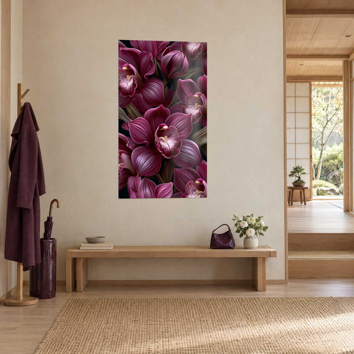 Gemälde Dichter Strauß bordeauxroter Blumen mit cremefarbenen, gesprenkelten Kehlen, olivgrünes Laub, Dreiviertelansicht, japandi Eingangsbereich in hellem Holz