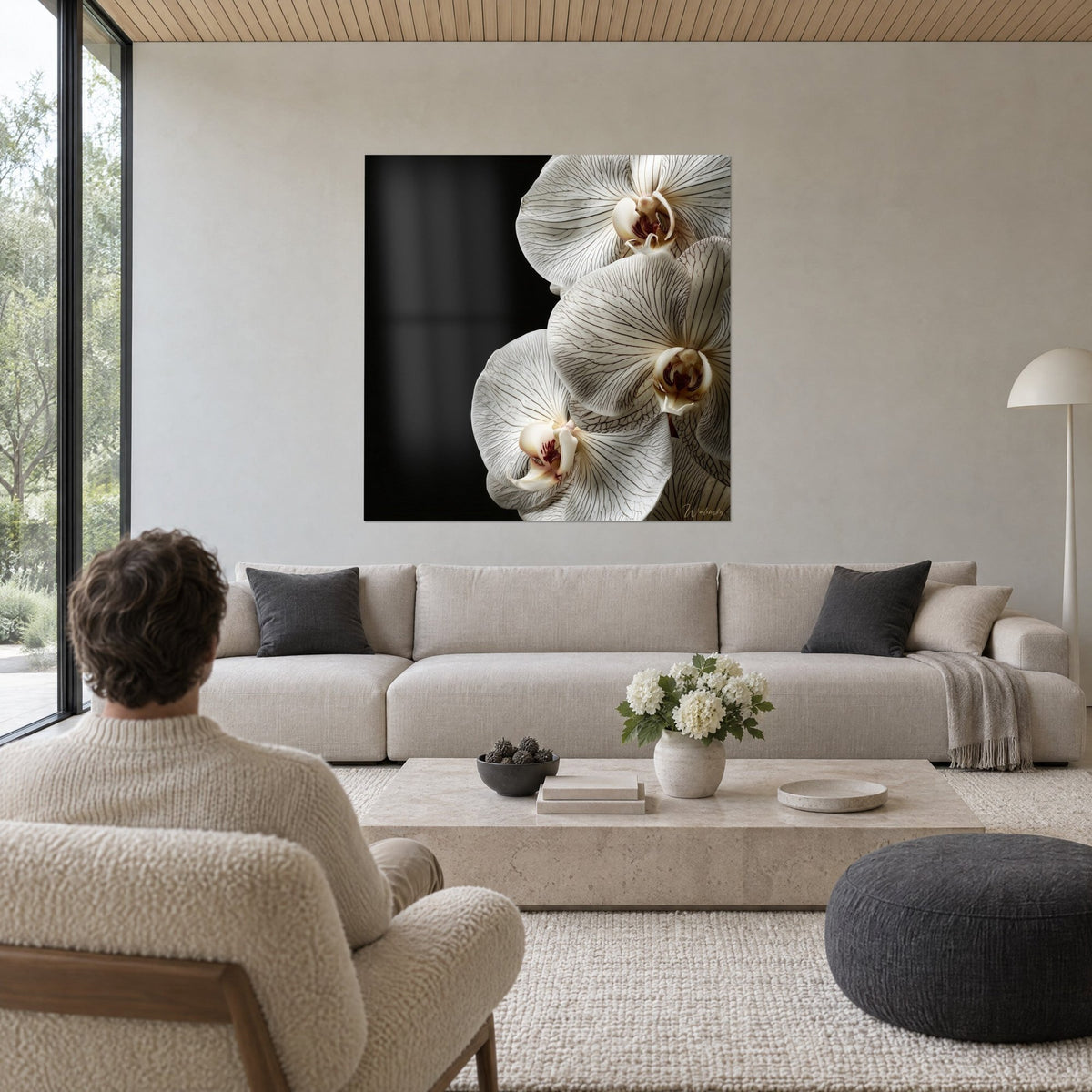 Wall art ivory phalaenopsis orchid with brown veining on deep black background, above a sofa in a bright living room