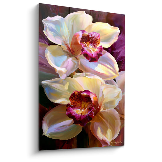 Tableau Orchidées crème et pourpre aux labelles mouchetés d'or - Duo de pétales nacrés - Edition Orchidée