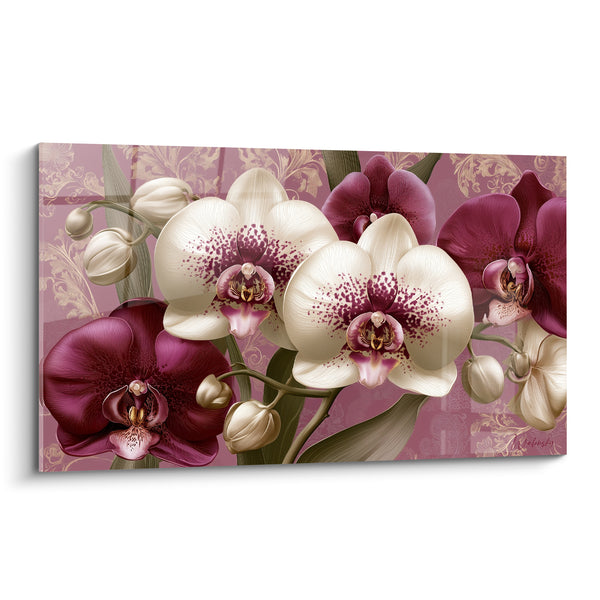 Tableau Orchidées ivoire et pourpre sur fond baroque - Grâce florale - Edition Orchidée