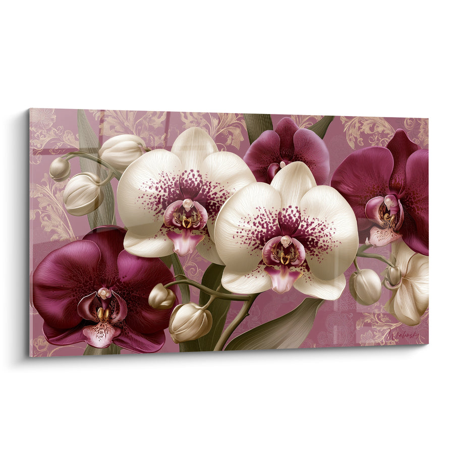 Tableau Orchidées ivoire et pourpre sur fond baroque - Grâce florale - Edition Orchidée