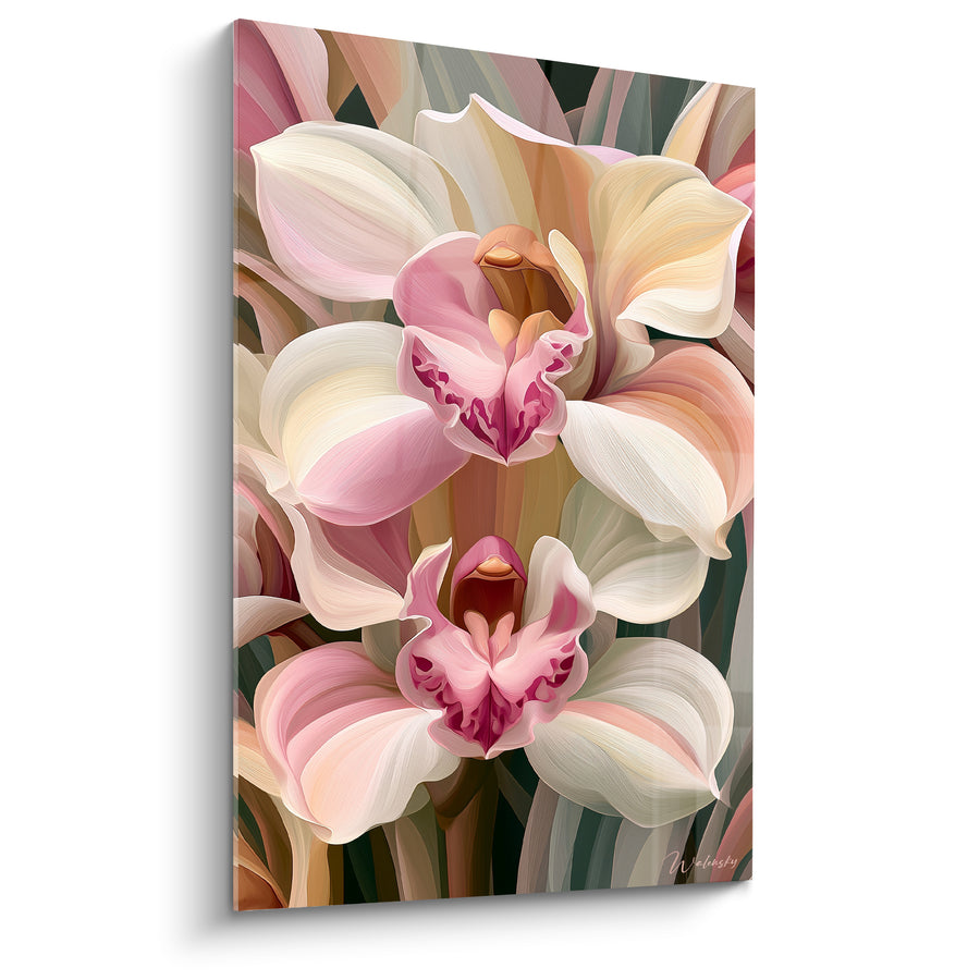 Tableau Orchidées crème et roses aux labelles jumeaux - Fleurs superposées en miroir - Edition Orchidée
