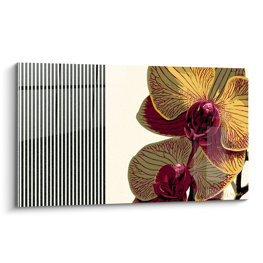 Tableau Orchidées jaunes et bordeaux aux rayures noires - Élan floral graphique - Edition Orchidée