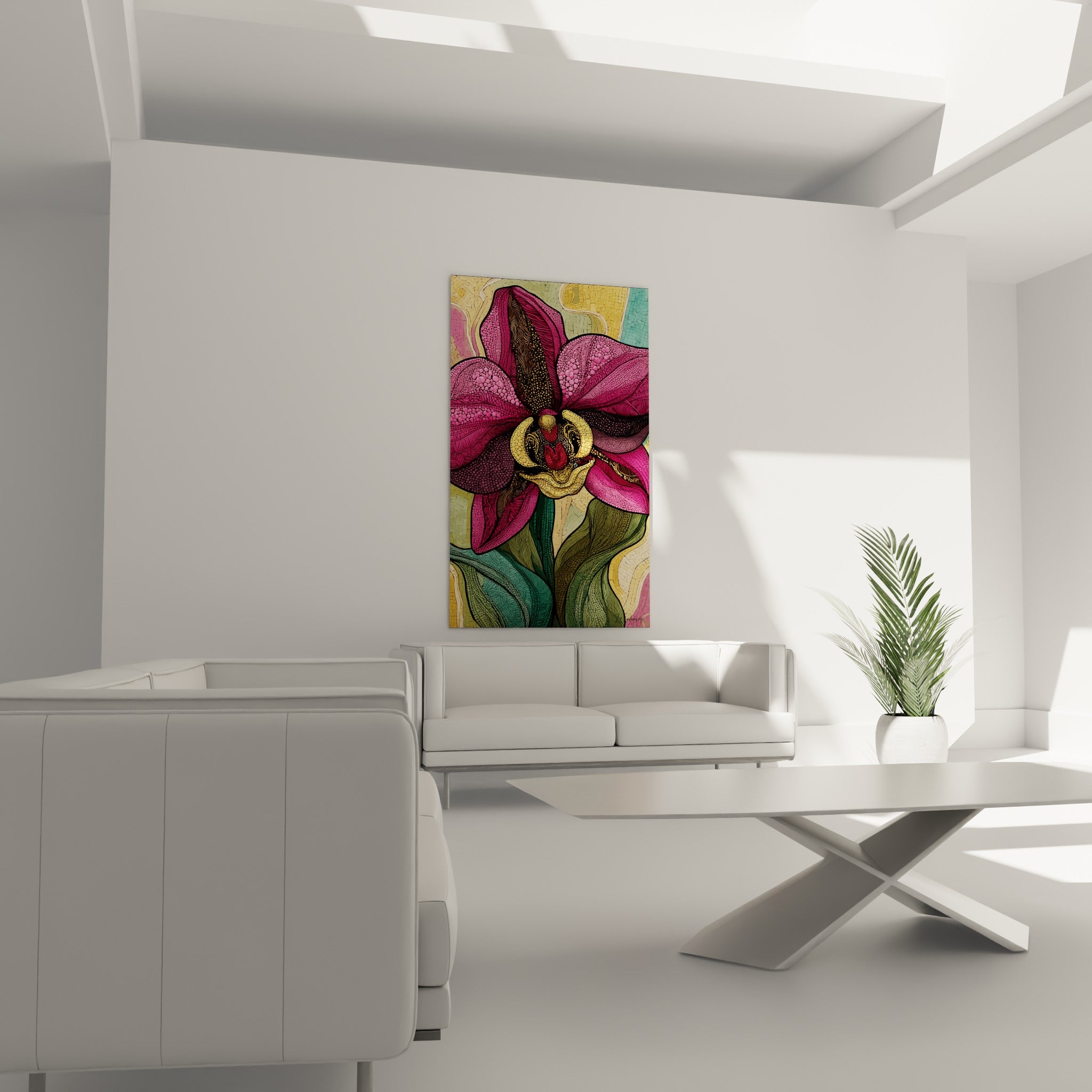 Pétales magenta et labelle doré d'une orchidée mosaïque au-dessus d'un canapé dans un salon lumineux