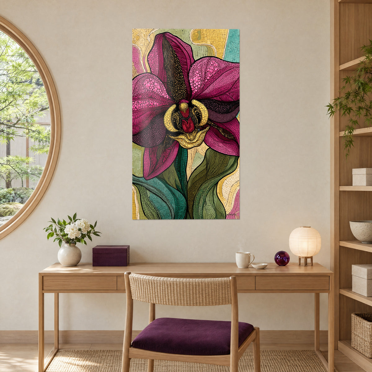 Gemälde Blütenkelch in Himbeerrot mit leuchtend rosa Punkten, goldener Schlund, beiges und türkisfarbenes Mosaikdekor, Schreibtisch aus hellem Holz und runde Lampe