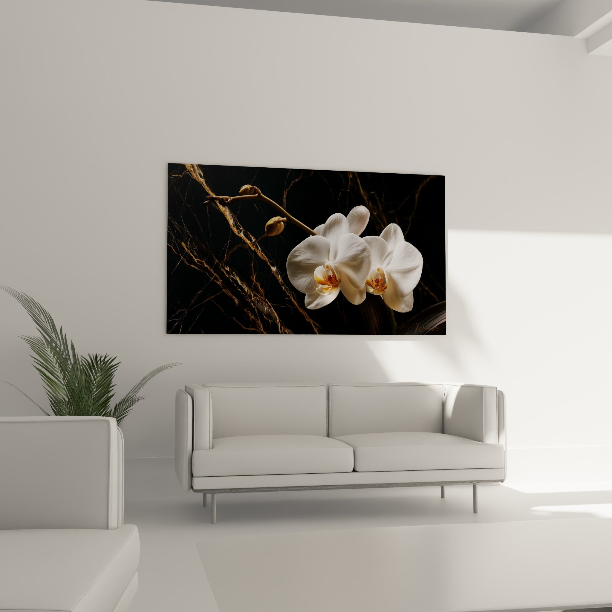 Corolles blanches d'orchidée contrastant avec un marbre sombre au-dessus d'un canapé dans un salon lumineux