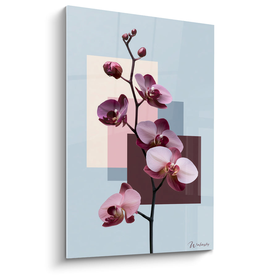 Tableau Orchidée mauve et bleu poudré géométrique - Élégance florale posée - Edition Orchidée