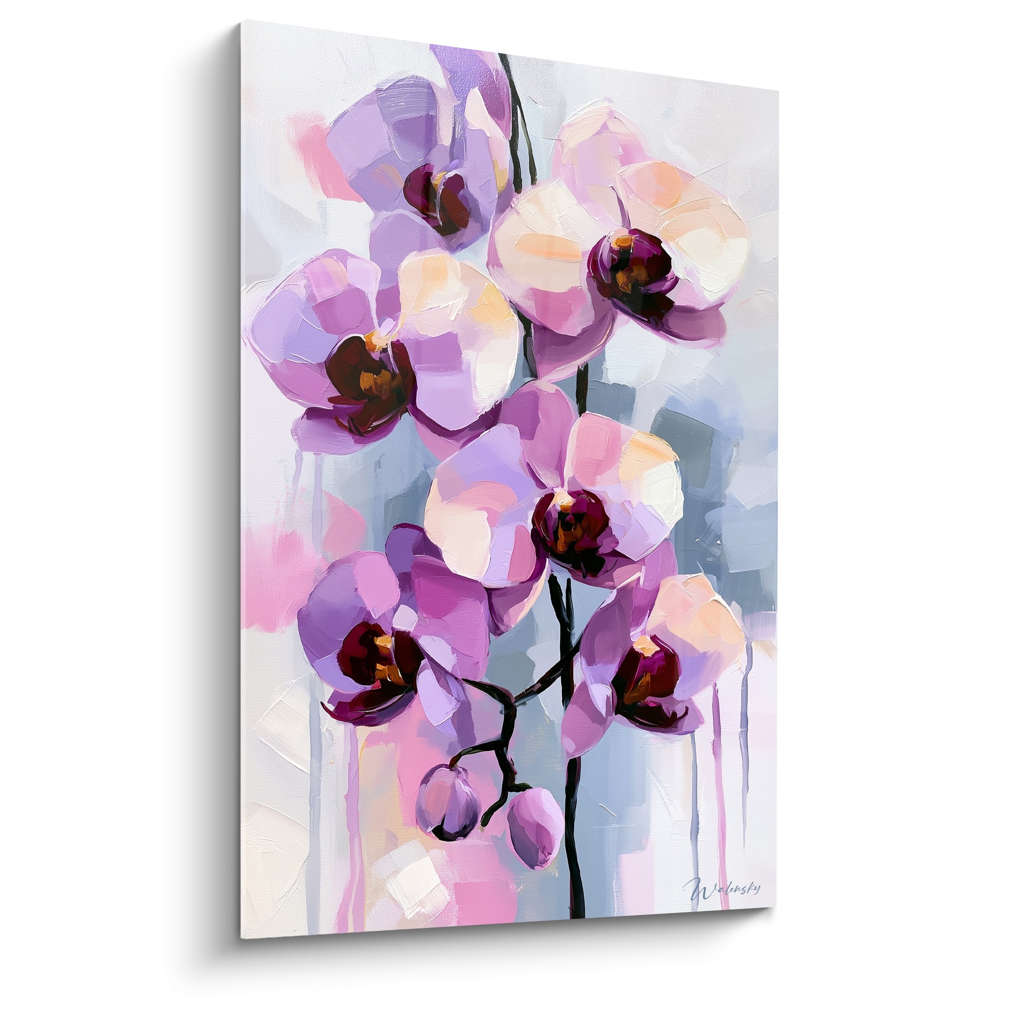 Orchidée mauve et blanche aux cœurs bordeaux, pétales en empâtements sur fond gris perle