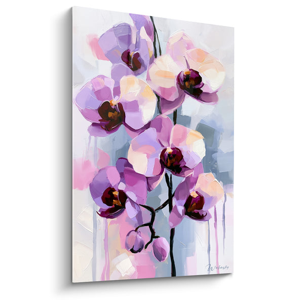 Tableau Orchidées mauves et grises aux cœurs bordeaux - Coulures verticales sur toile - Edition Orchidée