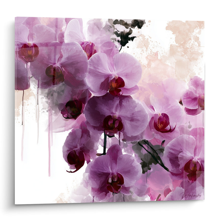 Tableau Orchidées mauves et pourpres en aquarelle - Floraison délicate - Edition Orchidée