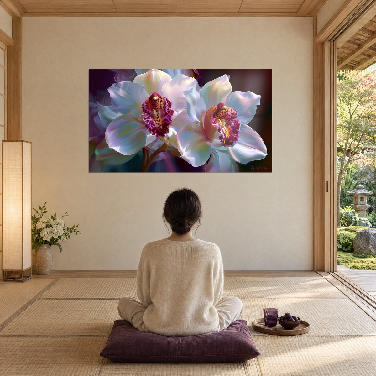 Quadro duetto di orchidee bianco perlato, cuori magenta e ocra, persona di spalle seduta su un cuscino prugna di fronte al giardino giapponese