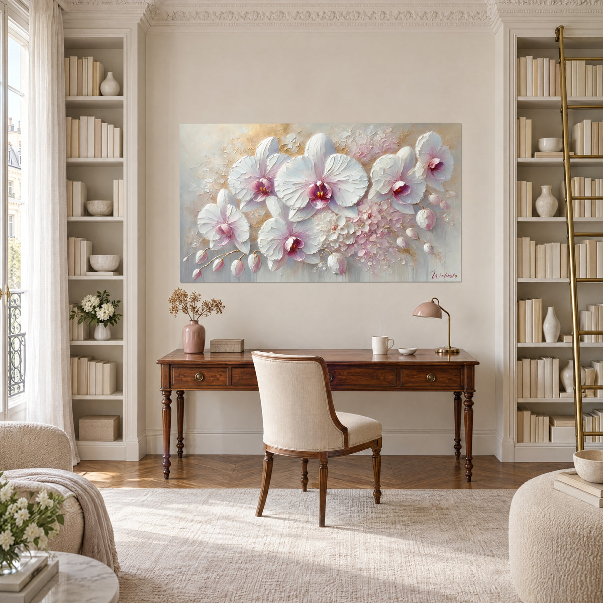 Obraz kwitnących pastelowych orchidei, białe impasto i złote akcenty, między dwiema biblioteczkami w gabinecie w stylu haussmannowskim