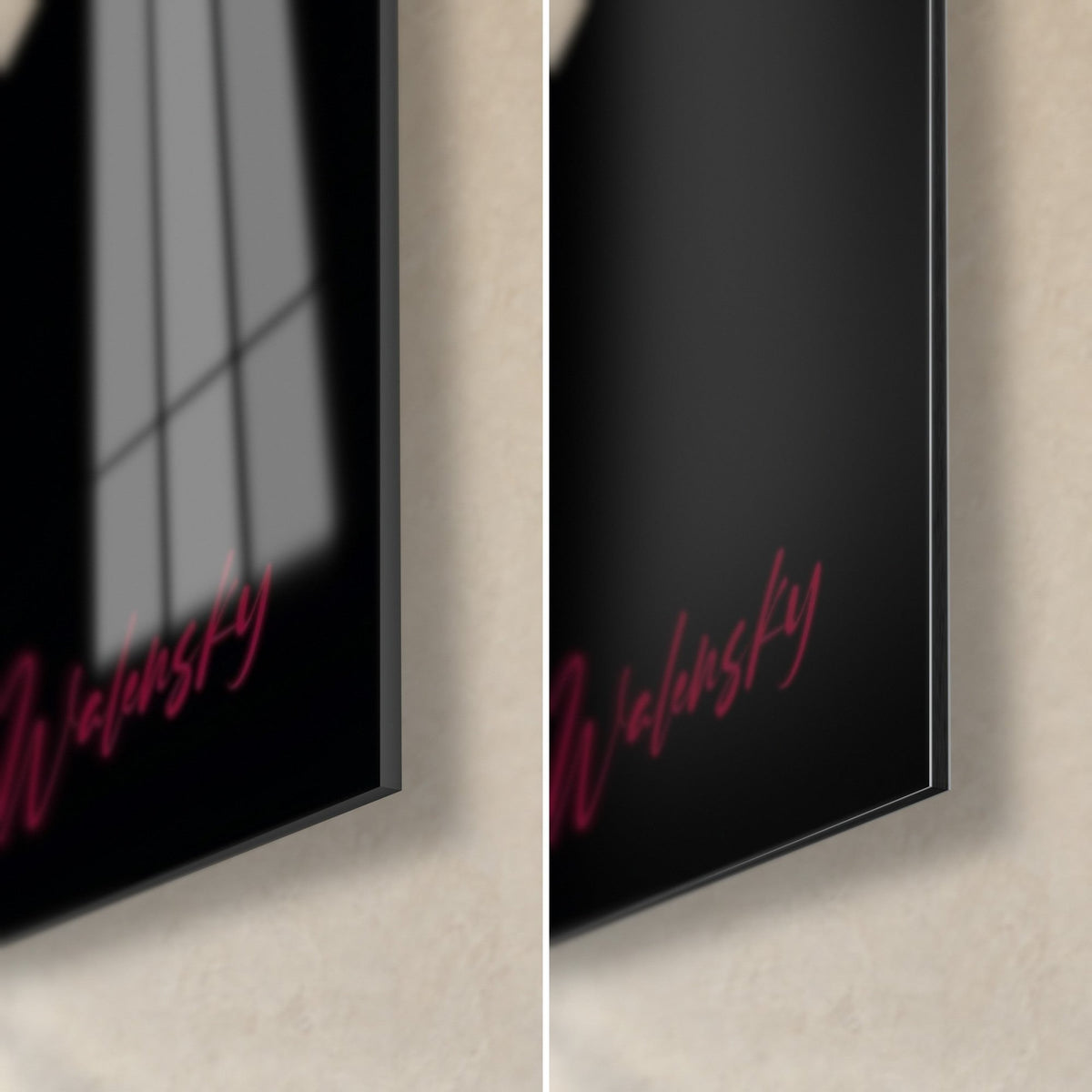 Wall art purple orchids, bottom right corner: glossy acrylic glass with window reflections, matte black Dibond, pink signature