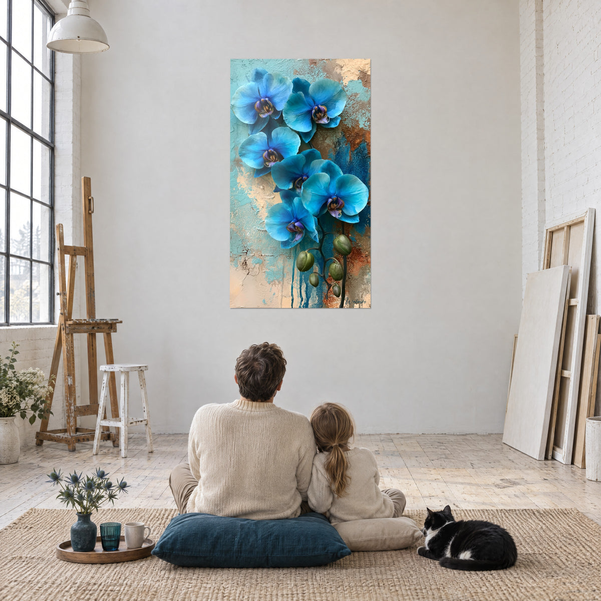 Gemälde mit samtig türkisfarbenen Orchideen auf ockerfarbenem und rostrotem Grund, Erwachsener und Kind sitzen von hinten neben einer Tuxedo-Katze, Atelier
