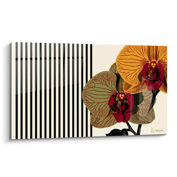 Tableau Orchidées ocre et vertes rayures graphiques - Éveil tropical - Edition Orchidée
