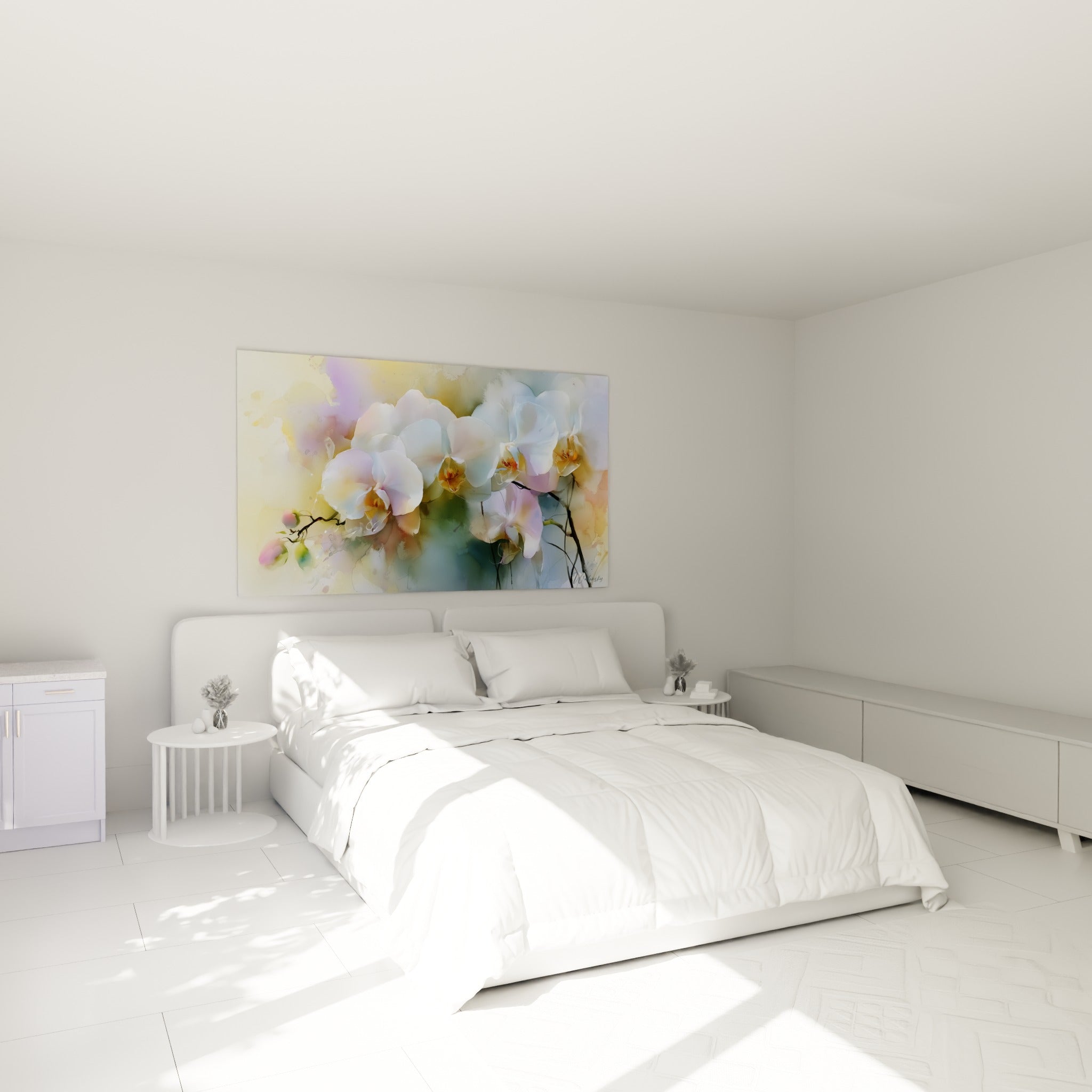 Fleurs d'orchidée blanches et dorées, tons lilas doux, au-dessus d'un lit dans une chambre claire