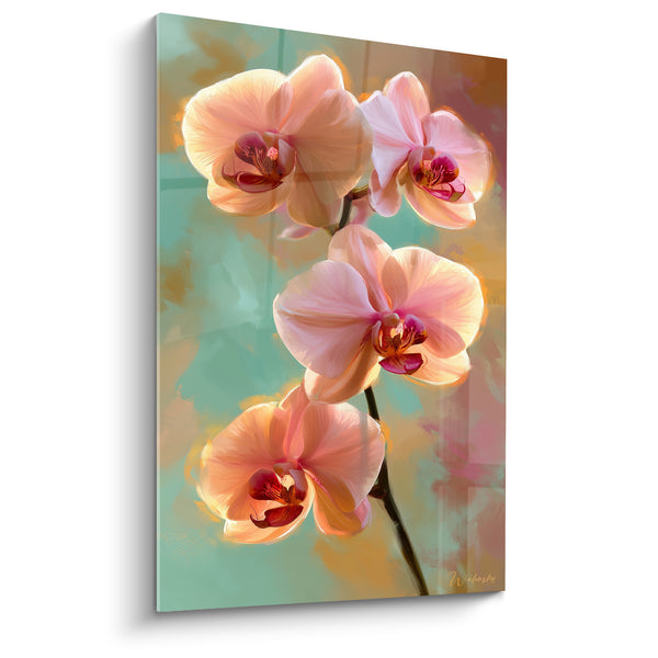 Tableau Orchidée pêche et vert d'eau lumineux - Souffle floral - Edition Orchidée