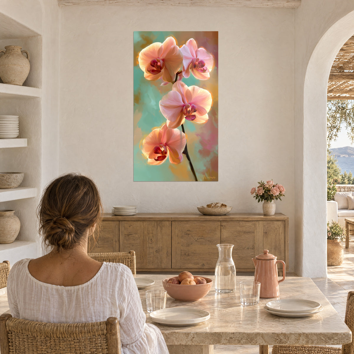 Cuadro racimo de orquídeas albaricoque de pétalos translúcidos, fondo menta y rosa, mujer de espaldas a una mesa junto a un arco blanco